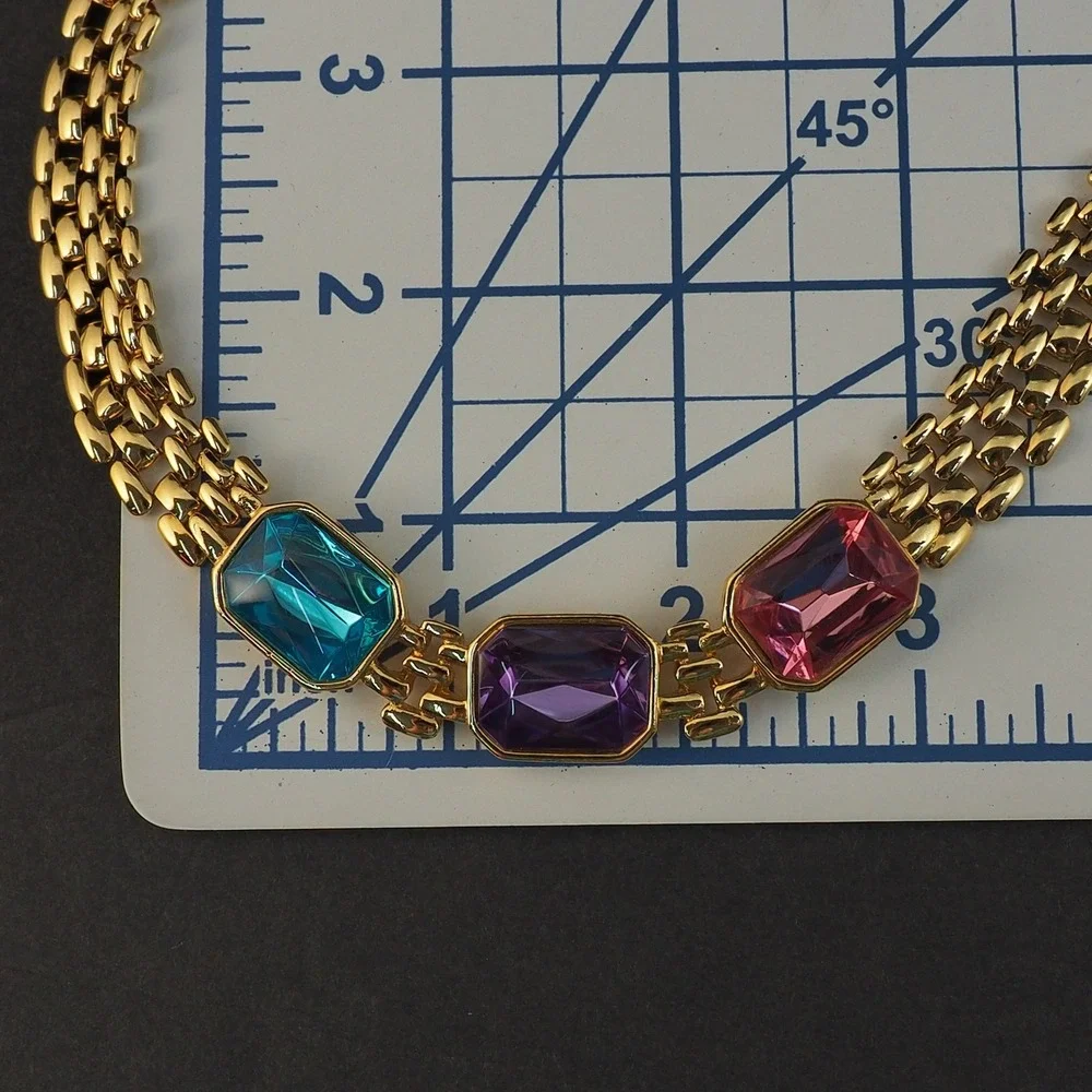 Trifari Panther Link Choker Necklace Pink Blue Purple Glass Gold Tone MCM VTG